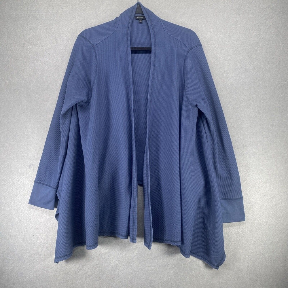 Talbots Sweater Womens Size‎ Large Blue Waffle Open Front Thermal Comfy Hi-Low